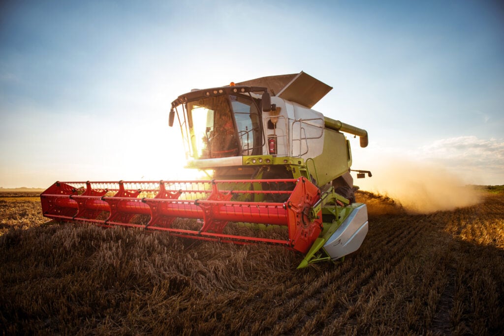 Combine harvesting wheat